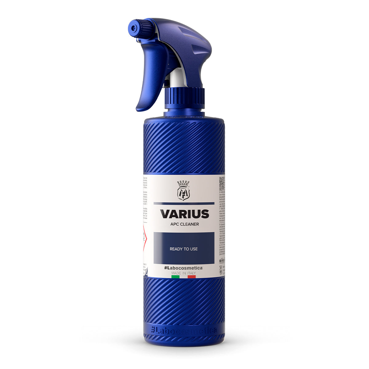 Blue spray bottle with 'Varius' label on a white background