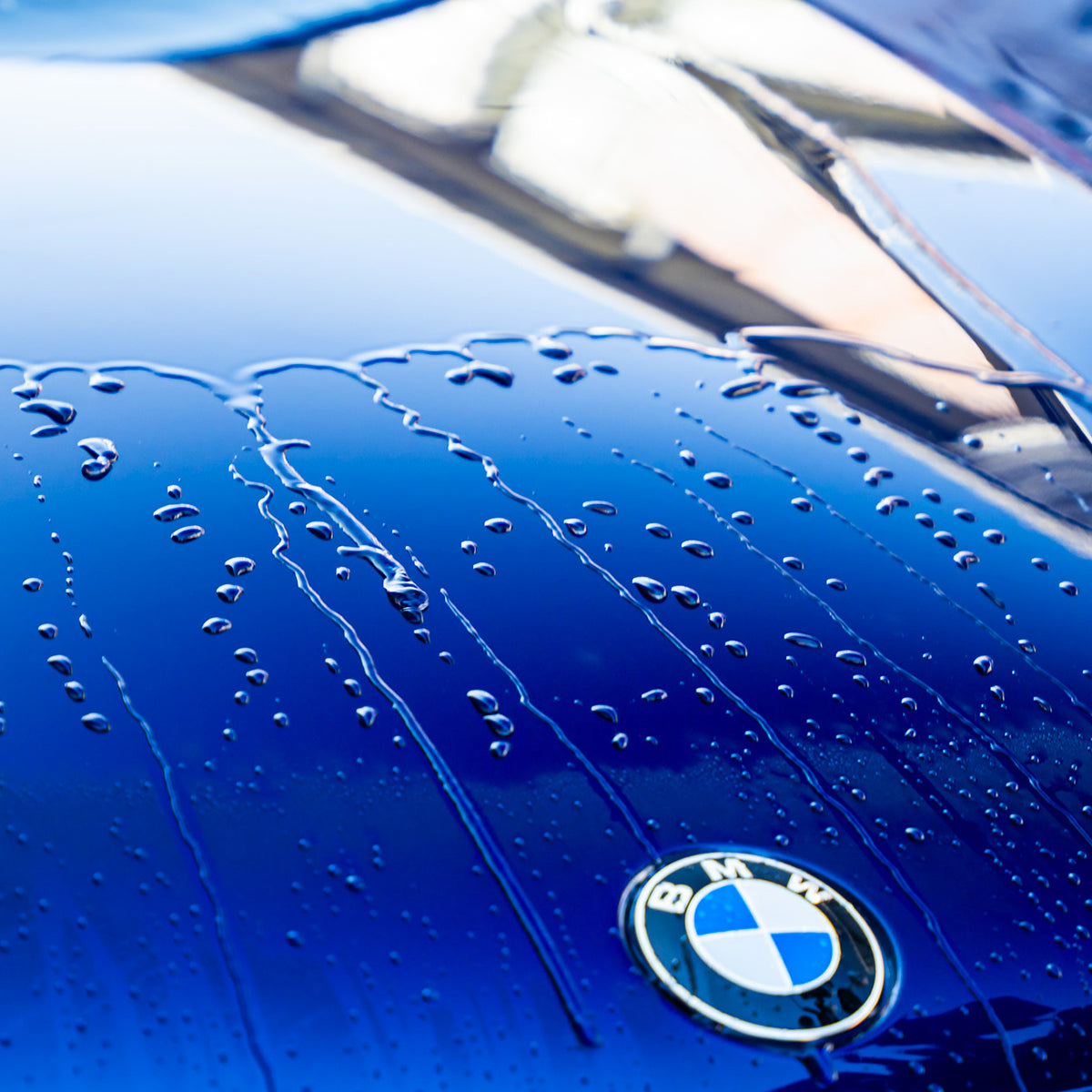 Close-up of a blue BMW car with water droplets on the surface.