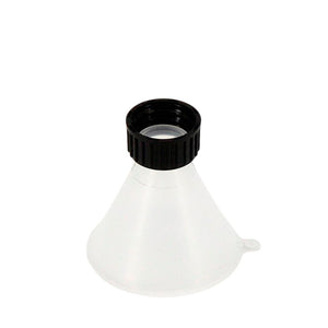 White plastic funnel with black top on a white background