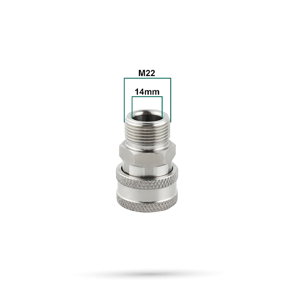 Metal fitting with thread size M22 and 14mm on a white background