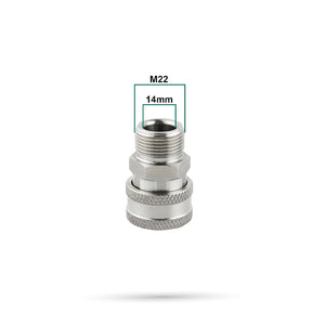 Metal fitting with thread size M22 and 14mm on a white background