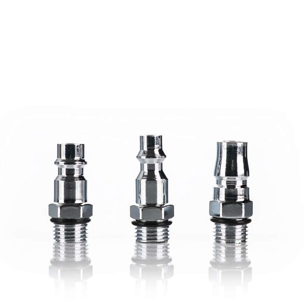 Three chrome metal connectors on a white background