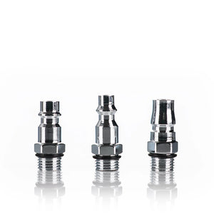 Three chrome metal connectors on a white background