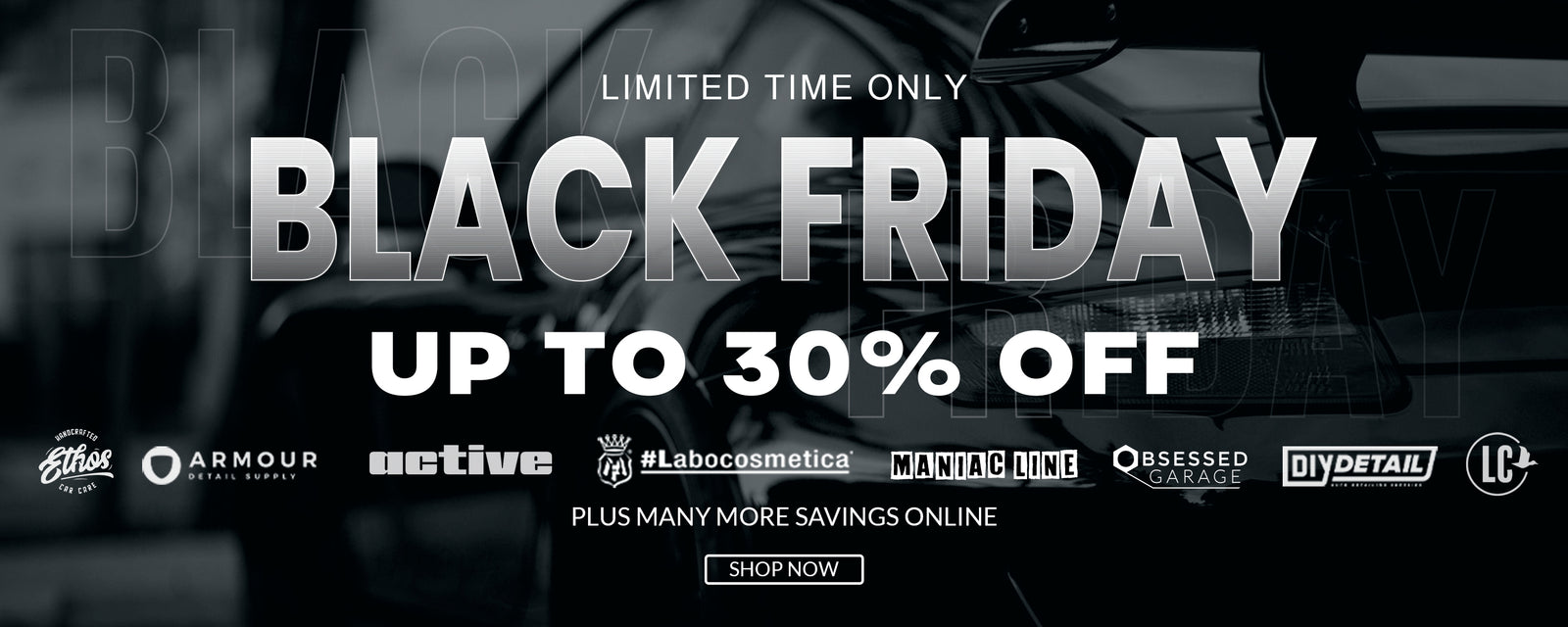 Black Friday sale banner with discounts and brand logos on a dark background