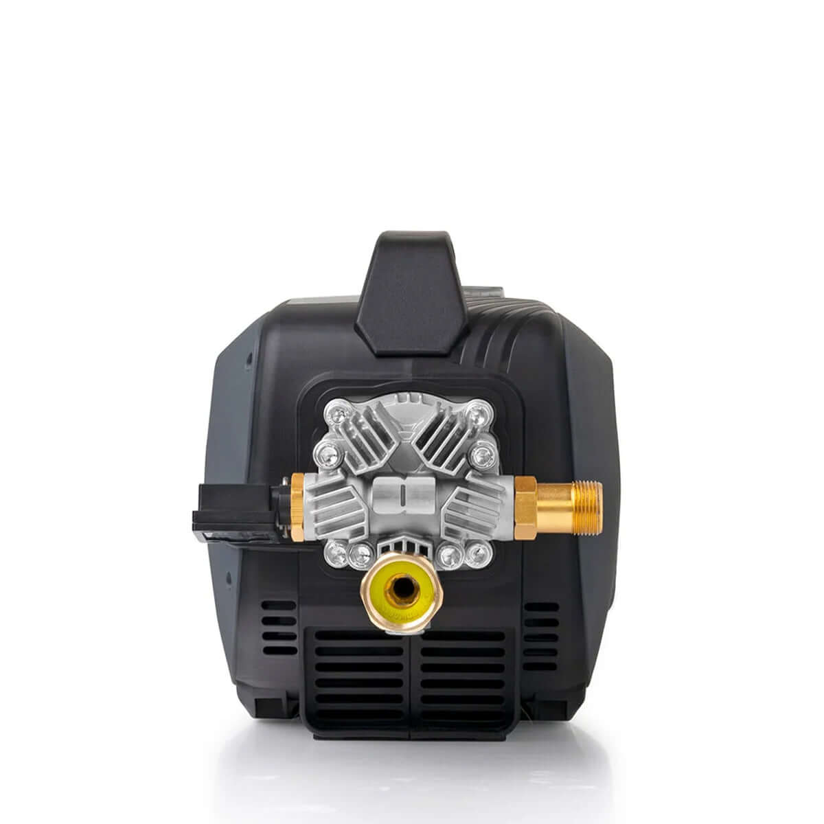 Black and gray mechanical pump with gold and yellow components on a white background