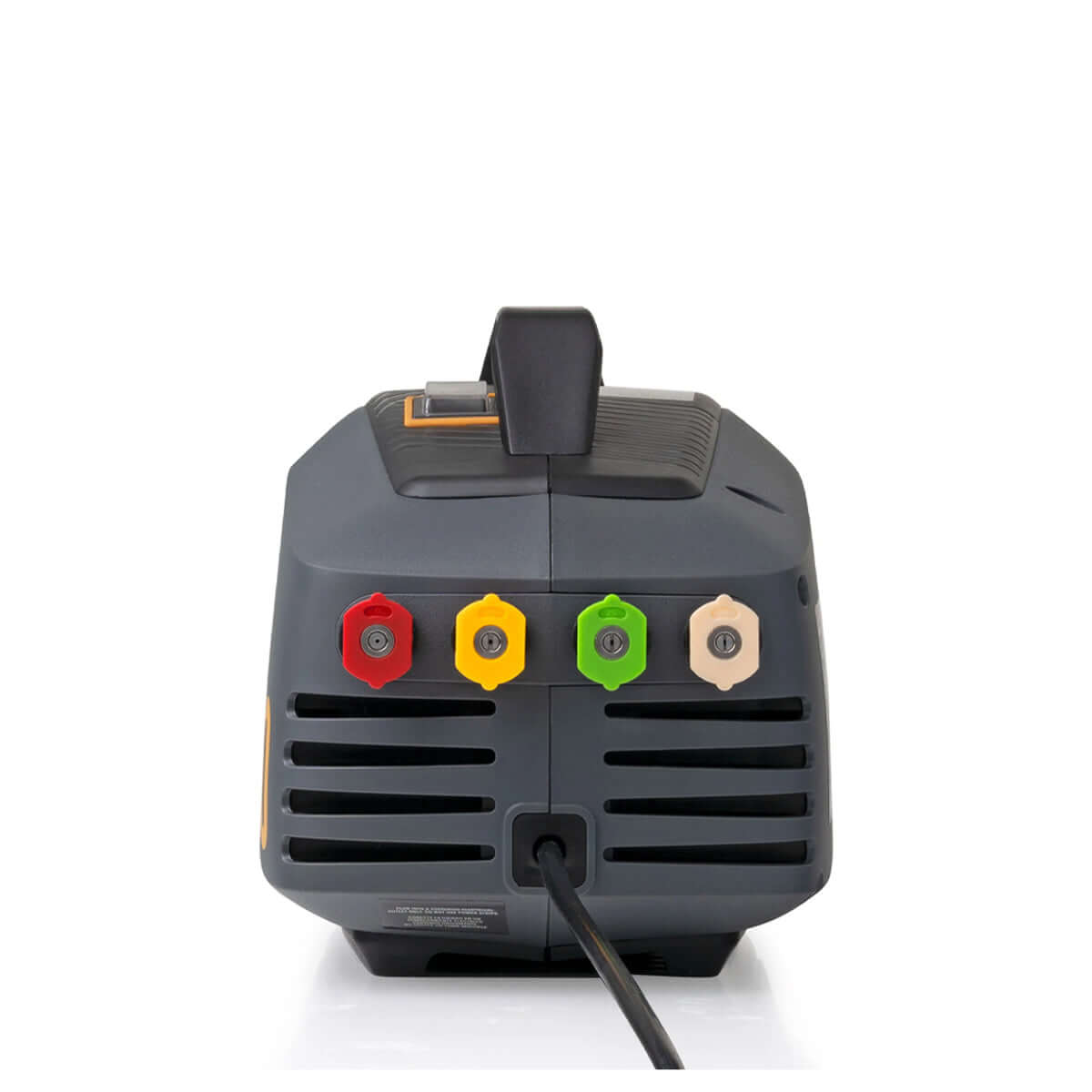 Black power adapter with colored outlets on a white background