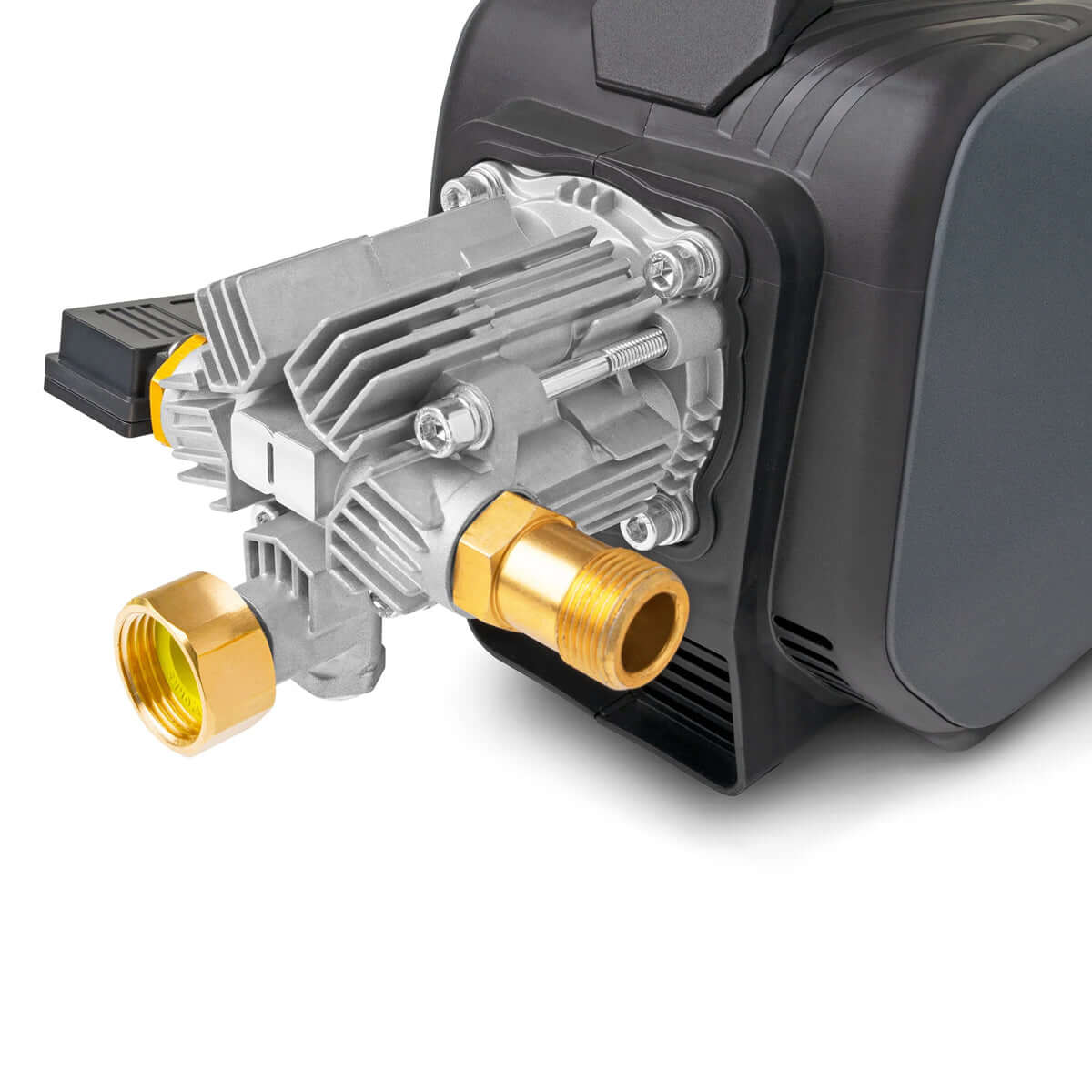 Close-up of a pressure washer pump with gold connectors on a white background