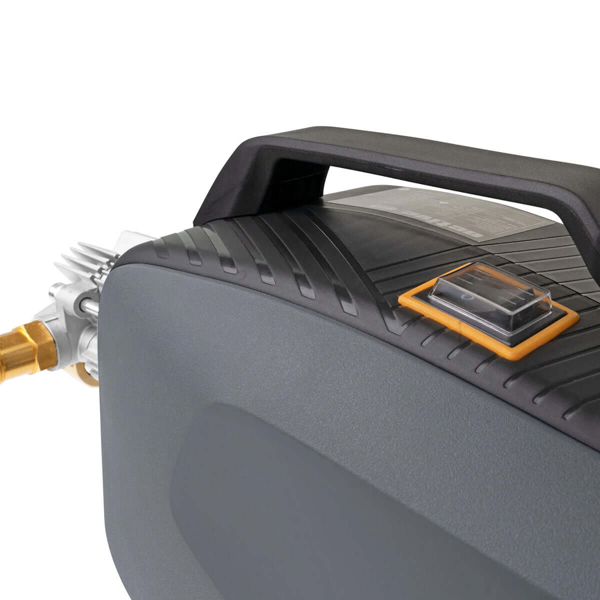 Close-up of a pressure washer with a black handle and visible nozzle on a white background