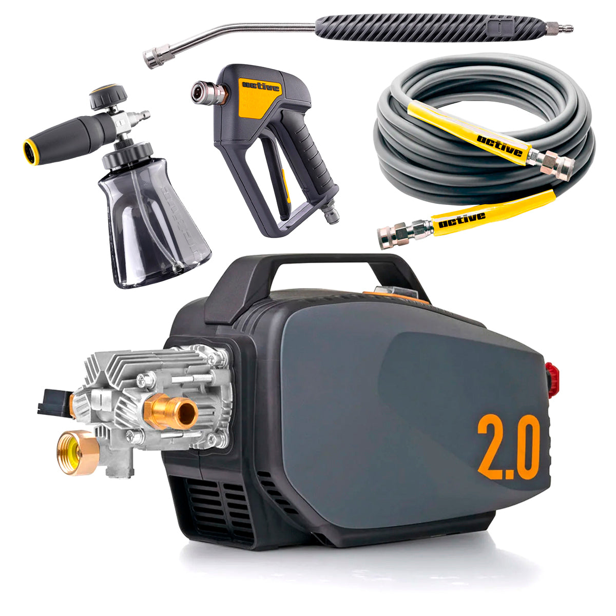 Pressure washer with various nozzles and hoses on a white background