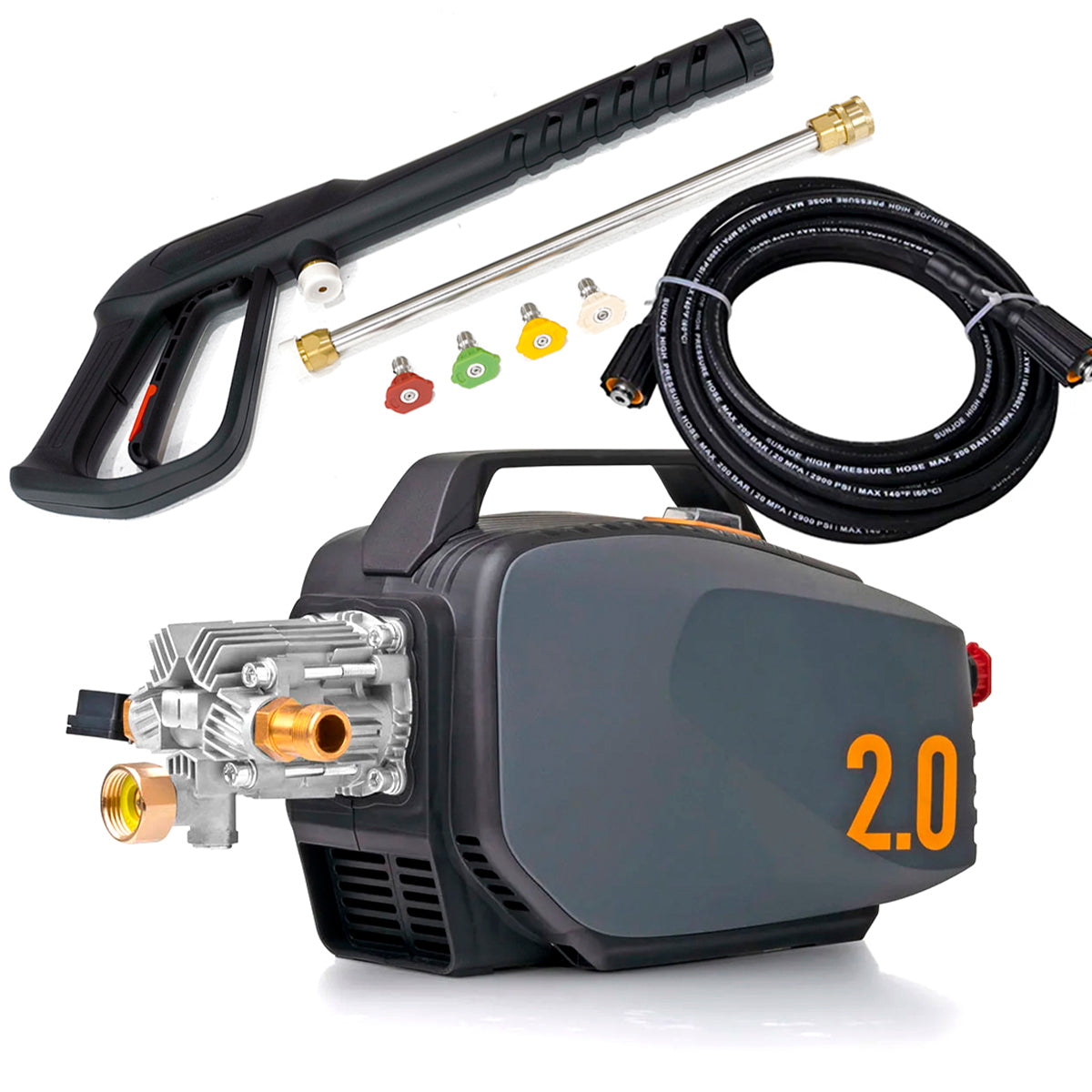 Pressure washer with gun, hose, and nozzles on a white background
