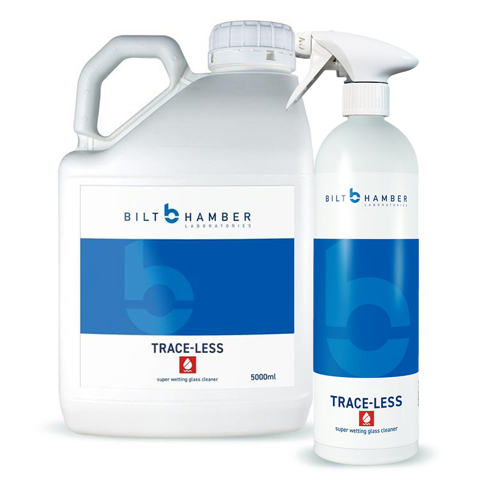 Two Bilt Hamber Trace-Less glass cleaner bottles on a white background