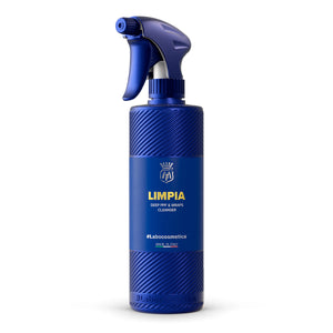Blue spray bottle labeled 'LIMPIA' on a white background