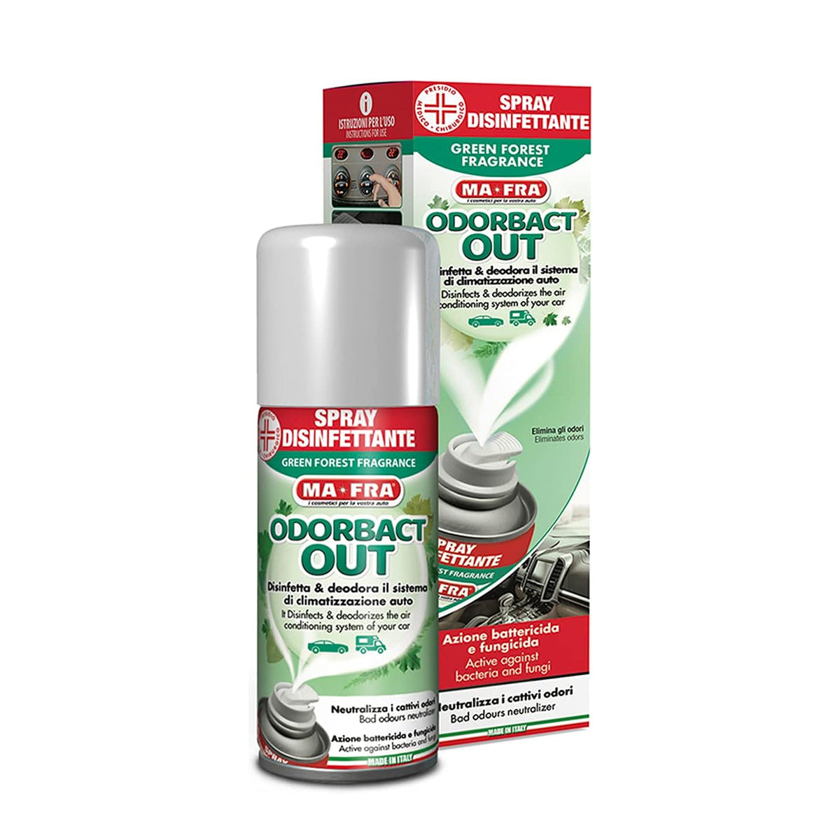 MA-FRA OdorBact Out Grren Forest spray disinfectant with packaging on a white background