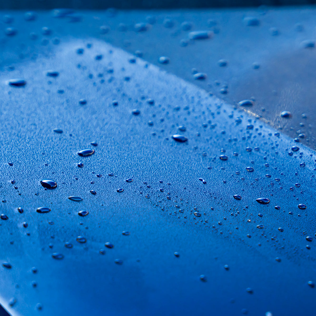 Close-up of water droplets on a blue surface