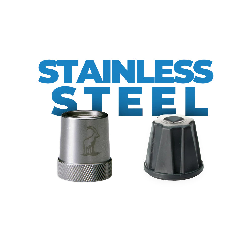 Two metal components, one silver and one black, with 'Stainless Steel' text above on a white background.