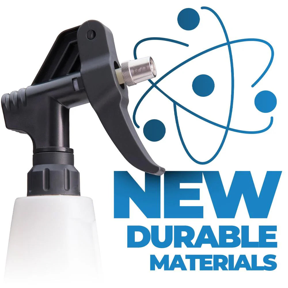 Spray gun with 'NEW DURABLE MATERIALS' text and atom symbol on a white background
