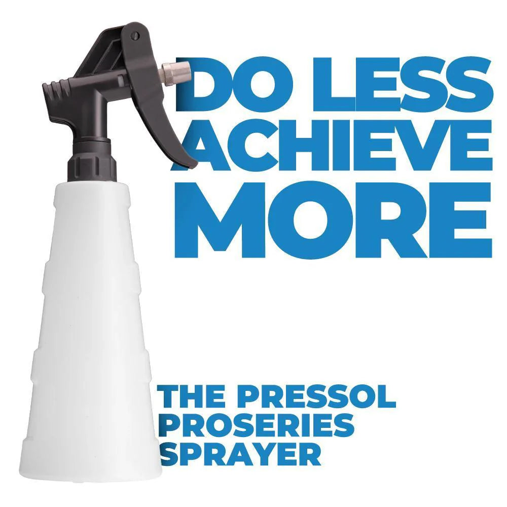 White sprayer with black nozzle on a white background, featuring motivational text and Pressol branding.