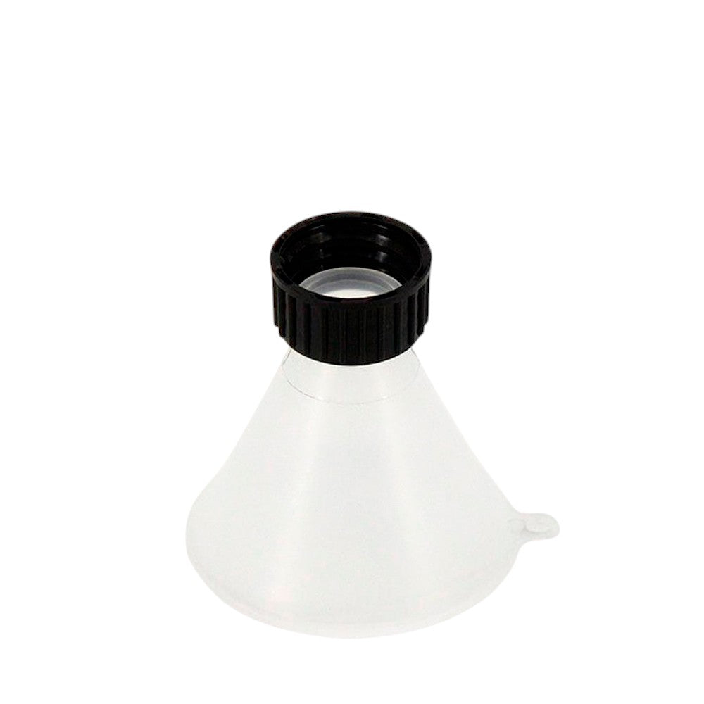 White plastic funnel with black top on a white background