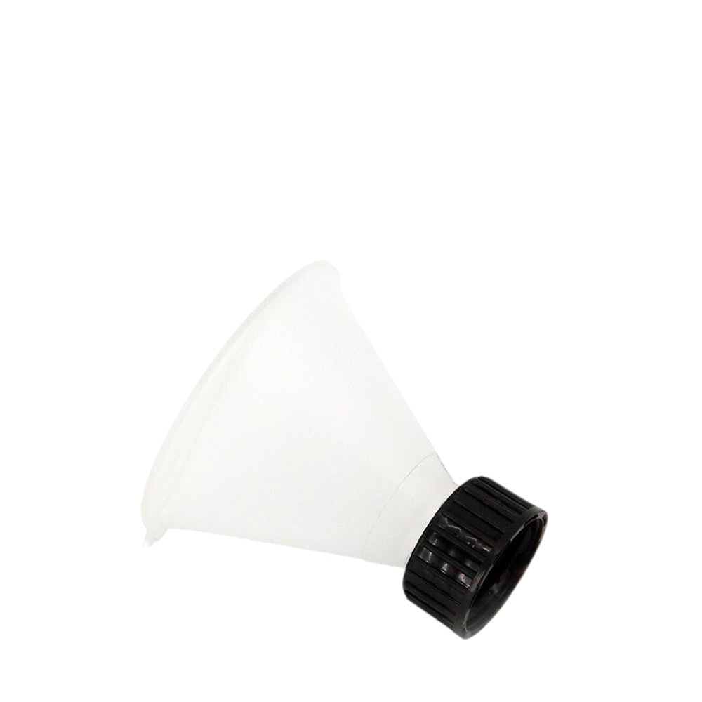 White cone-shaped object with a black base on a white background