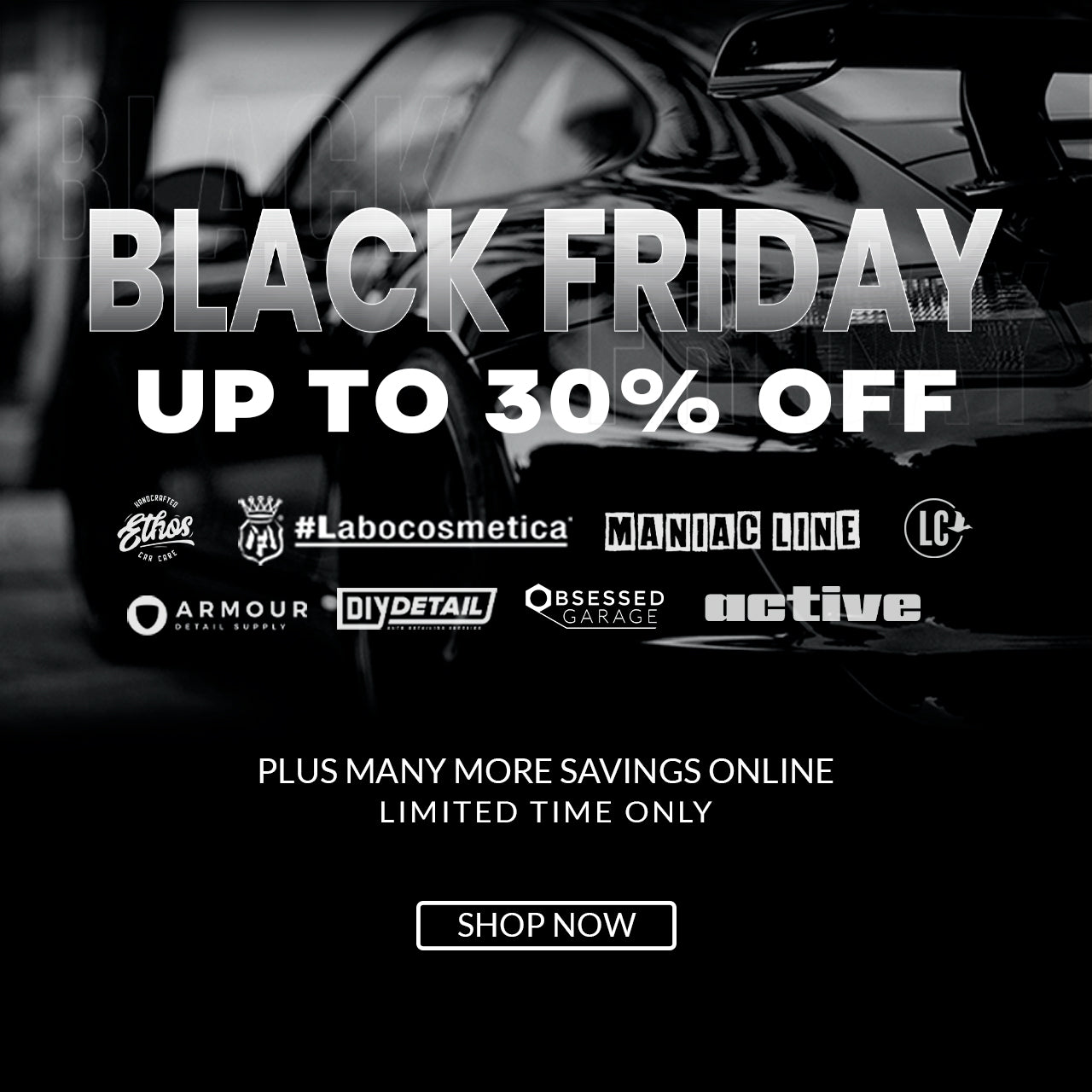 Black Friday sale advertisement with car detailing products and brand logos.